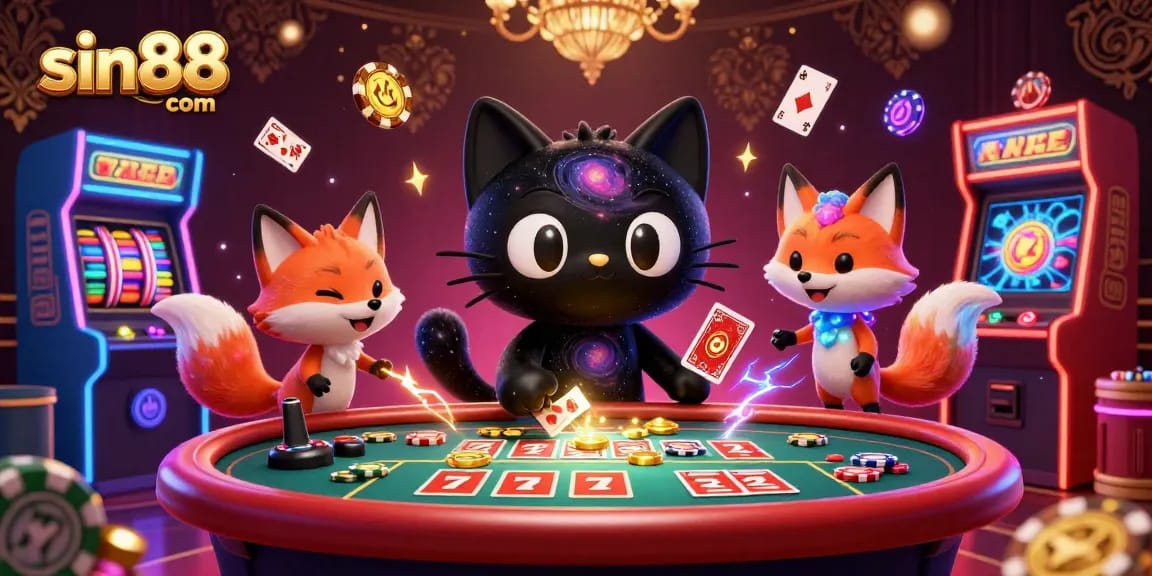 Engage with sin88 com at a vibrant cosmic casino featuring a black hole cat and a nebula fox in full playful action.