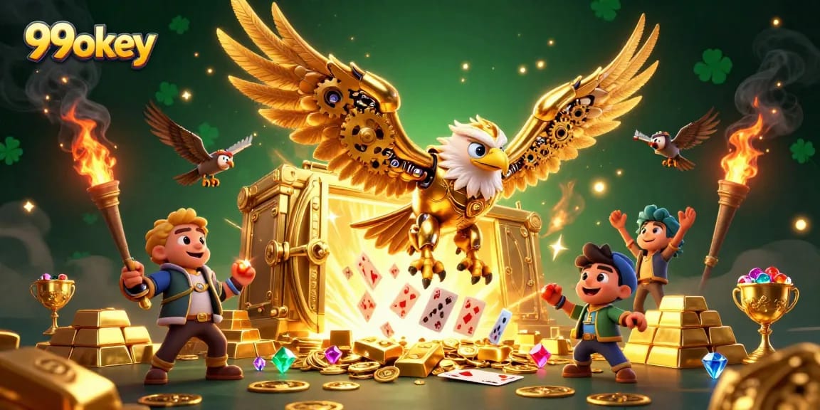 Experience the thrill of 99okey as the golden eagle dives through holographic cards, surrounded by treasure.