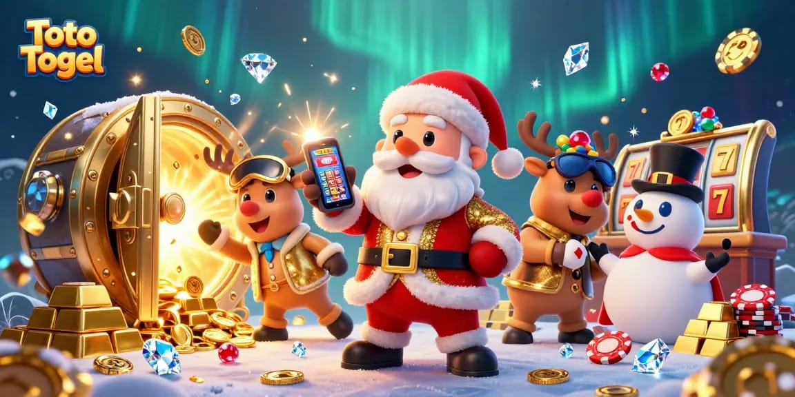 Bermain Toto Togel dengan Santa Claus di kasino yang extravaganza, dikelilingi harta karun dan hiasan menarik.