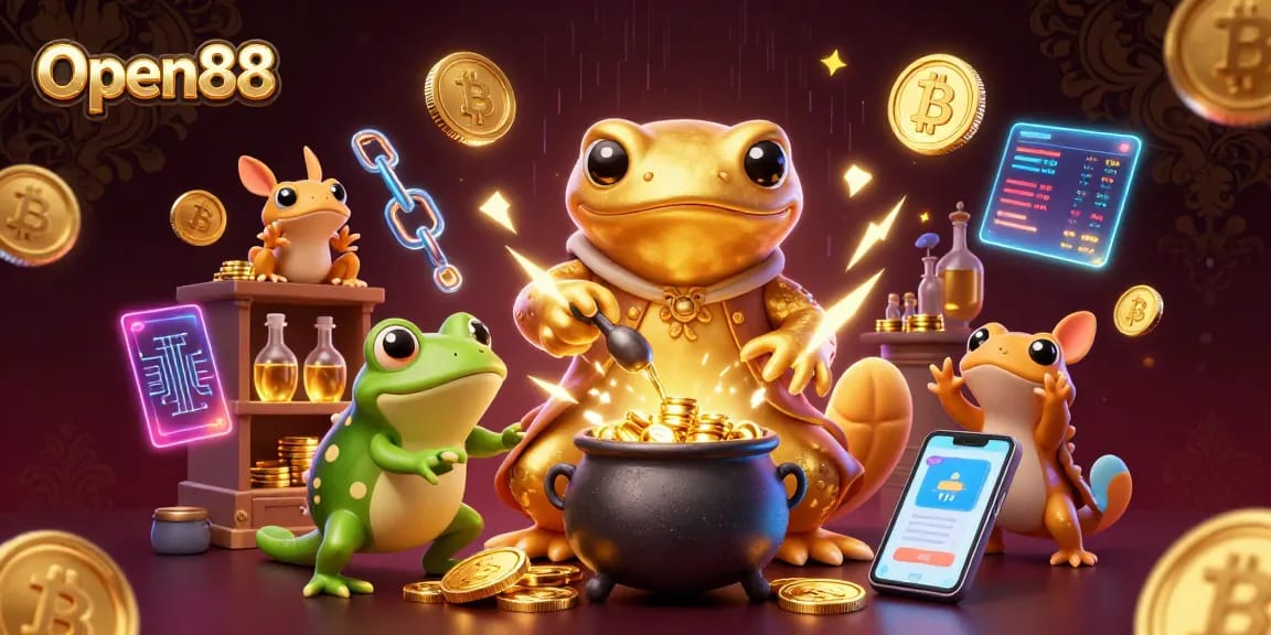 Open88 captures the excitement of online gaming with vibrant 3D scenes of alchemy and gold.
