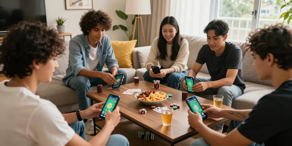 Friends enjoying the Poker Game app link on their smartphones in a lively atmosphere.
