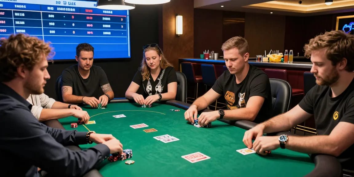 Exciting scene of players engaged in Poker Idn Terpercaya tournament with chips and cards on the table, creating a vibrant atmosphere.
