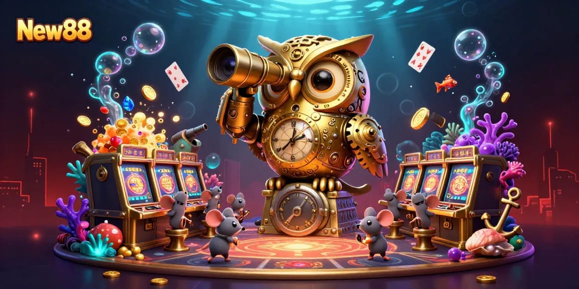 Engage in immersive gaming at New88, where a golden owl oversees a bustling casino with vibrant slot machines.