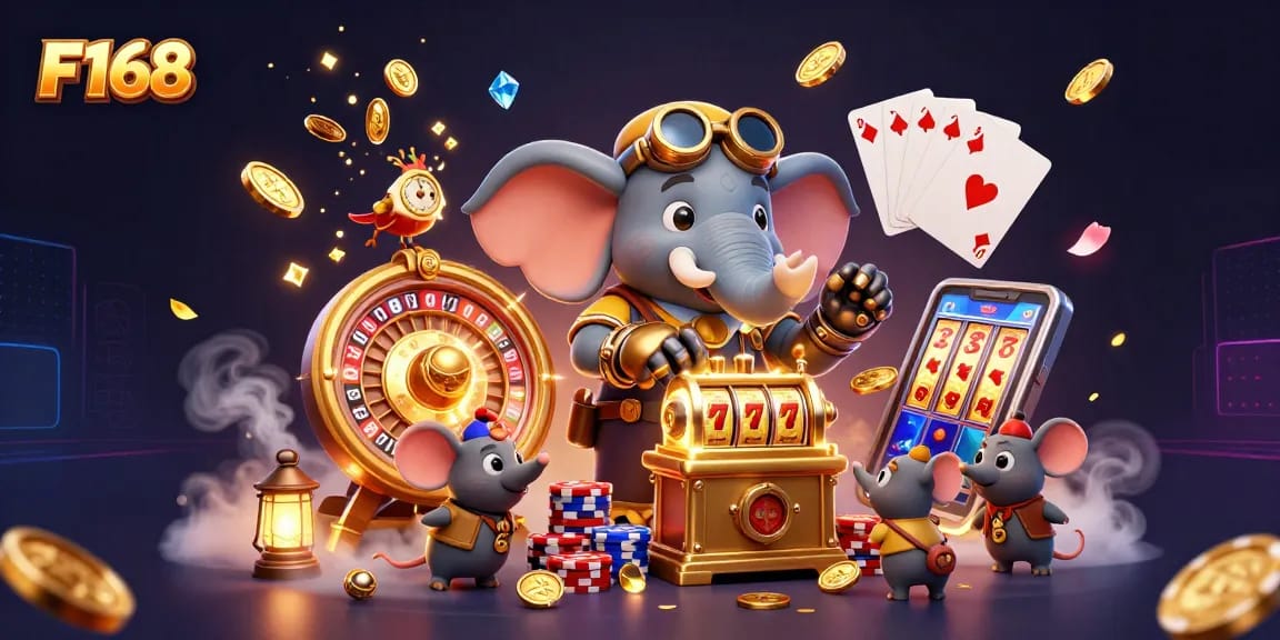 Experience thrilling wins at F168 with 3D steampunk characters in an action-packed casino scene.