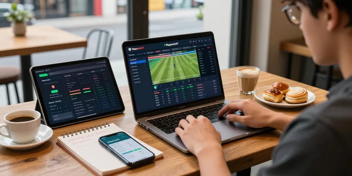 Crypto enthusiast utilizing Playexch247 platform for online cricket betting in a cozy coffee shop, showcasing digital wallet and betting stats.