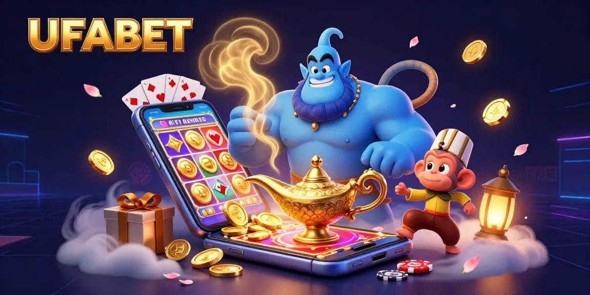 Experience the excitement of UFABET with vibrant games and casino elements in a magical 3D scene.