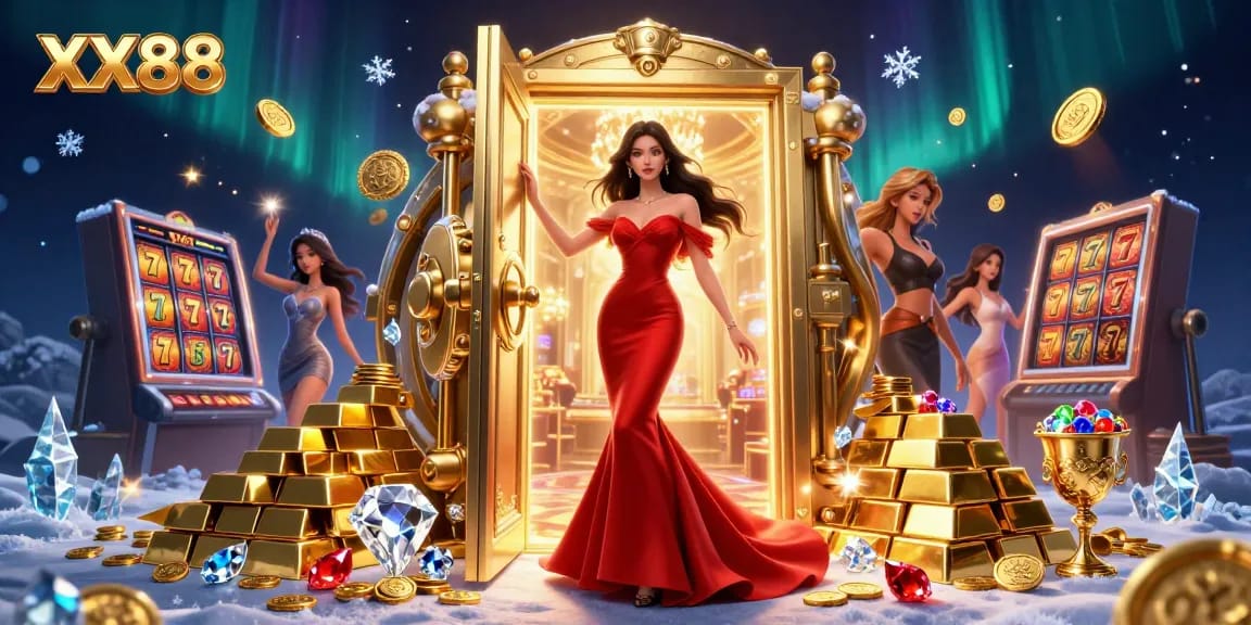 Experience the thrill of XX88 casino with a glamorous entrance and dazzling treasures.