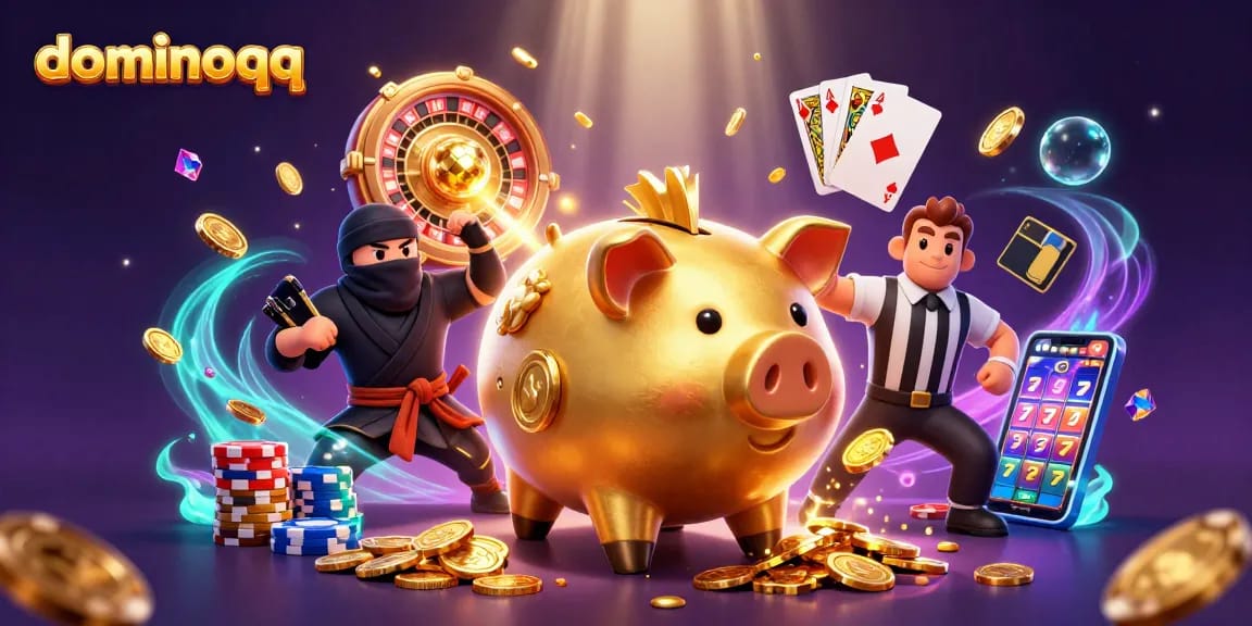 Experience thrilling moments in dominoqq as a golden piggy bank sumo wrestler wins coins amidst vibrant casino elements.