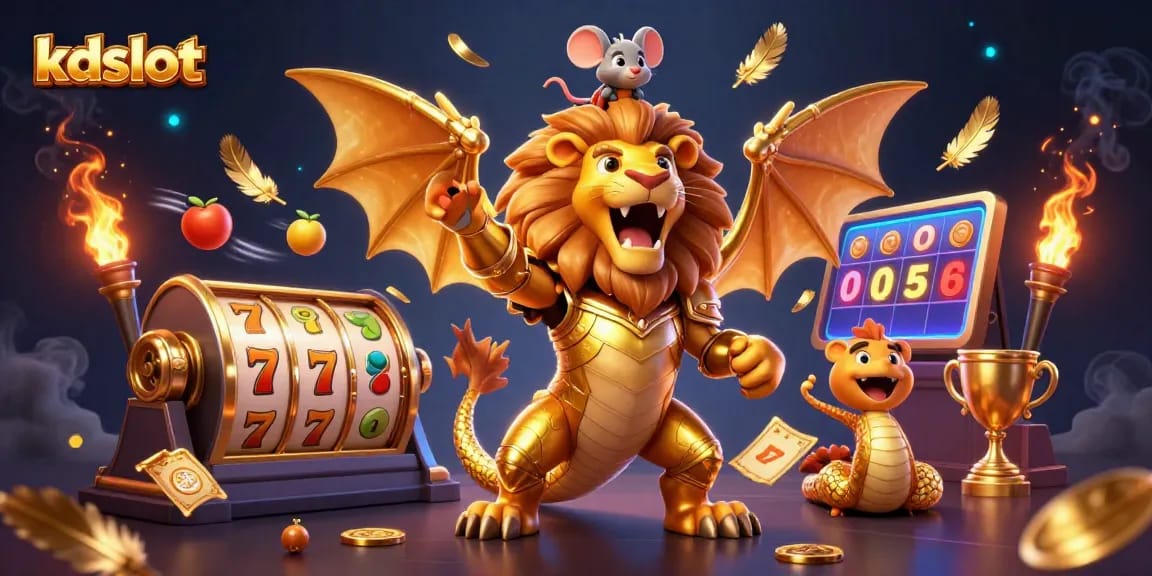 Experience thrilling kdslot action with a golden armored chimera and mouse jockey surrounded by dynamic slot elements.