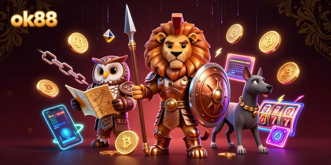 Play at ok88 and win big with immersive casino-themed digital art featuring a Spartan lion.