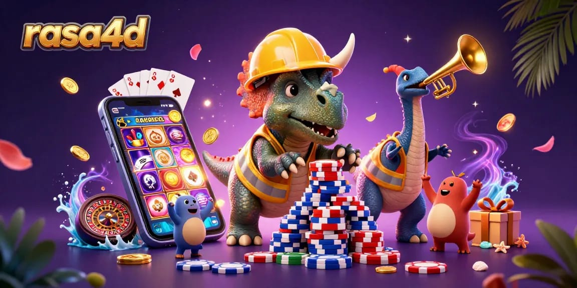 Mengalami keseruan bermain di RASA4D dengan triceratops membangun tumpukan chip poker dan suasana meriah.