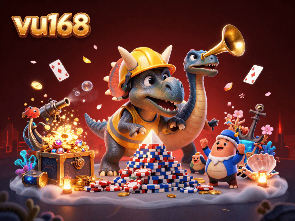 Engage with exciting betting strategies at vu168, featuring vibrant casino characters amid a treasure-filled backdrop.
