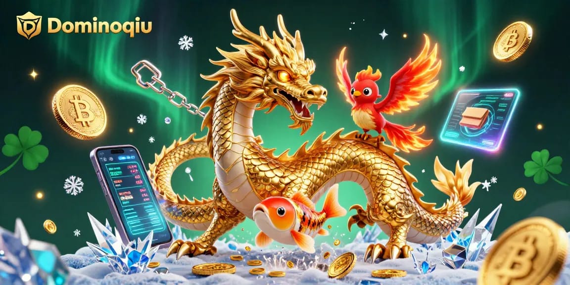 Engage in thrilling Dominoqiu gameplay surrounded by vibrant 3D characters and crypto elements.