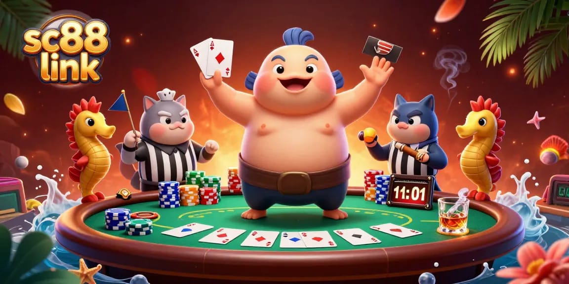 Players discover the sc88 link with a dynamic casino scene featuring a fugu, catfish referee, and poker elements.