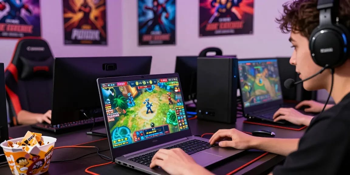 Pengalaman bermain taruhan online basket168 dengan penggemar game antusias di depan laptop.