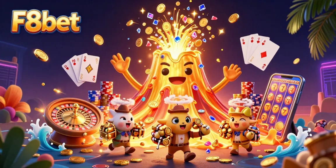 Win big with F8bet’s exciting games featuring golden treasures erupting from a triumphant volcano.