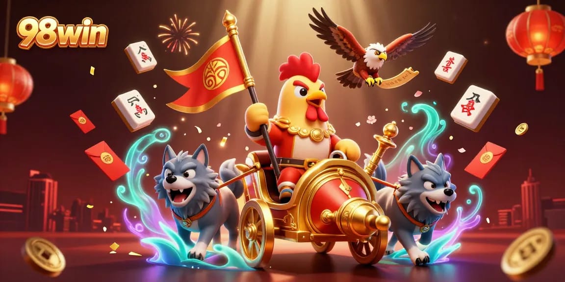 Engage with 98win's exciting gaming world featuring a rooster warlord, golden coins, and festive elements.