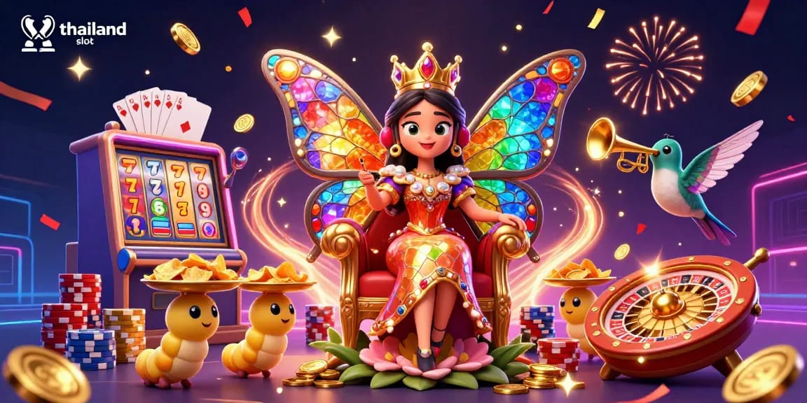 Experience thrilling winnings with thailand slot in this captivating casino scene featuring vibrant characters and slot elements.