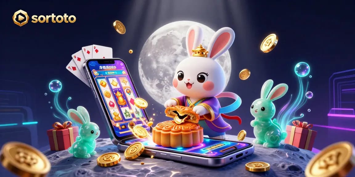 sortoto platform showcases a vibrant casino scene with the moon rabbit and jade companion, revealing poker chips and game elements.