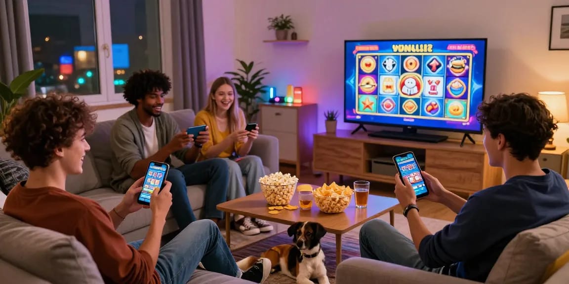 Group enjoying Winli Slots in a lively living room with snacks and colorful lighting.