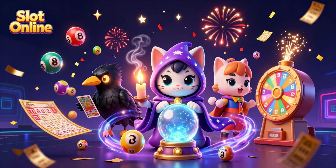 Experience a thrilling game of Slot Online with a mystical cat and raven surrounded by vibrant casino visuals.