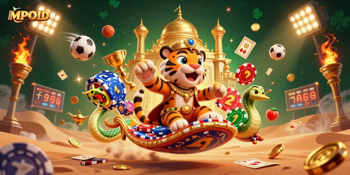 Engage in MPOID's thrilling gameplay with our vibrant 3D illustration featuring a magical tiger sultan amidst dynamic casino elements.
