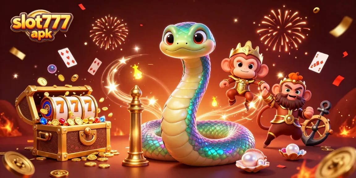 Spin to win with slot777 apk featuring a rainbow serpent, monkey king, and vibrant casino elements.