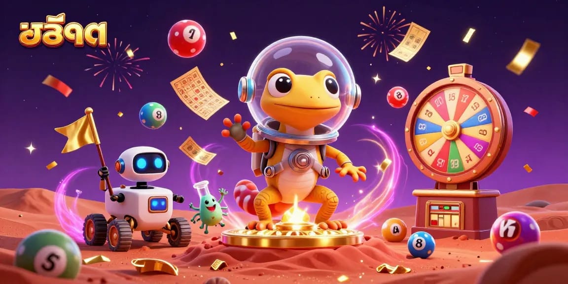 Play สล็อต for incredible prizes in this Martian casino adventure with vibrant lottery balls.