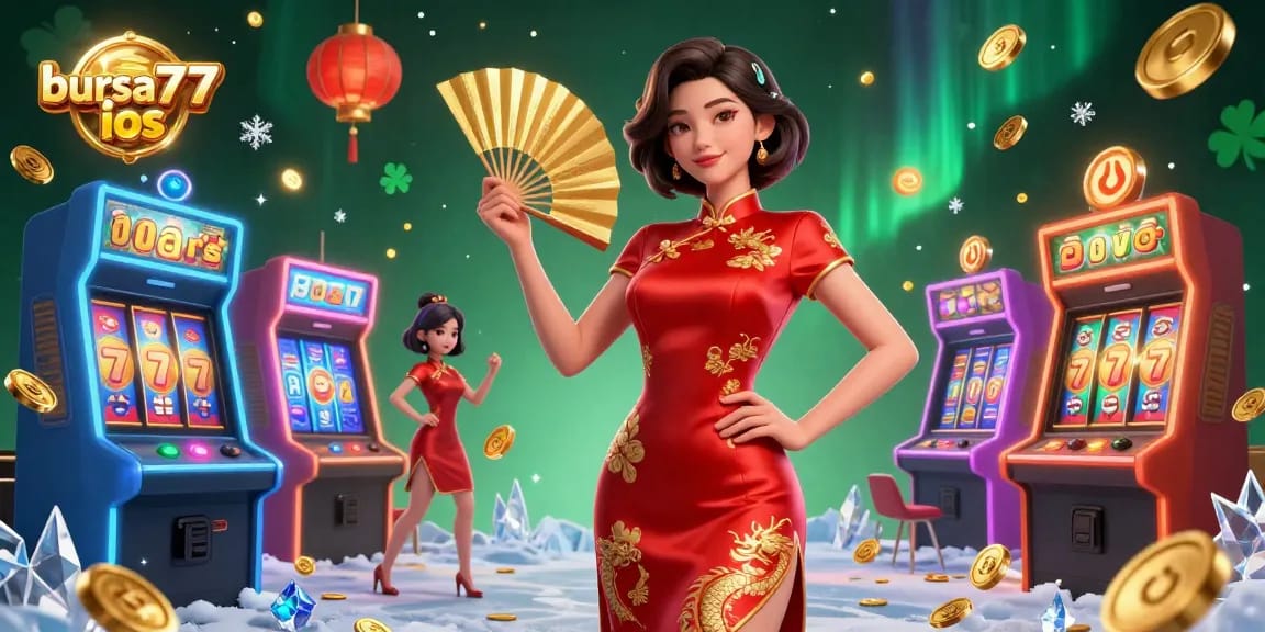 Play exciting games on bursa777 ios with a stylish character surrounded by vibrant casino elements and gold coins.