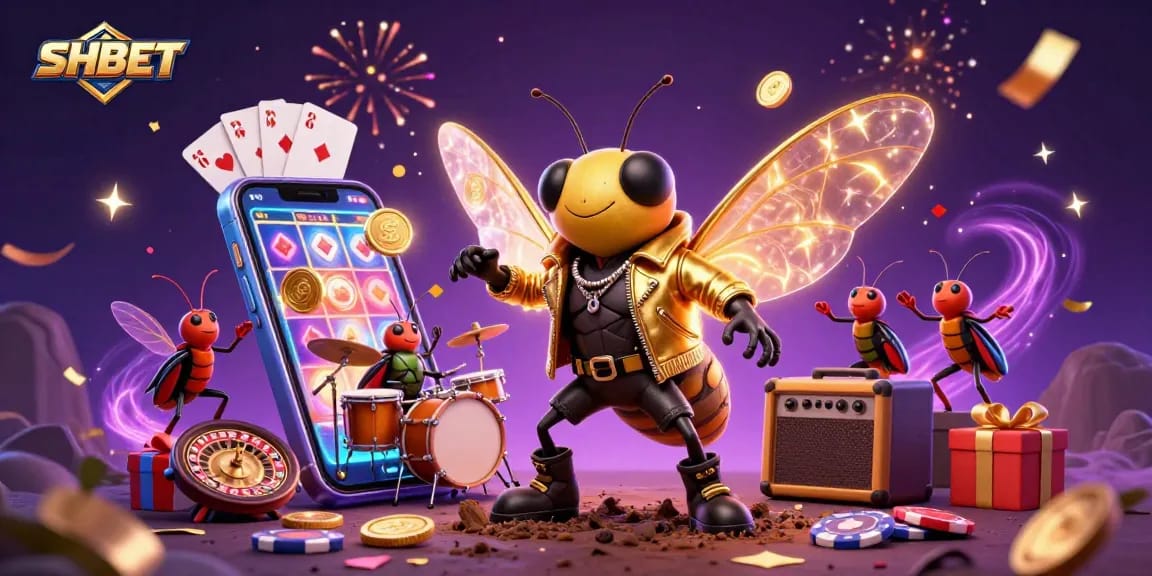 Experience thrills with SHBET's vibrant casino scene, showcasing a rock star cicada and dynamic gaming elements.