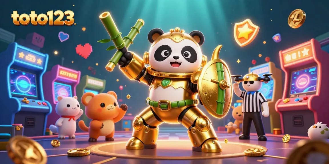 Engage in thrilling toto123 games with a golden panda, bamboo robot, and vibrant arcade elements.