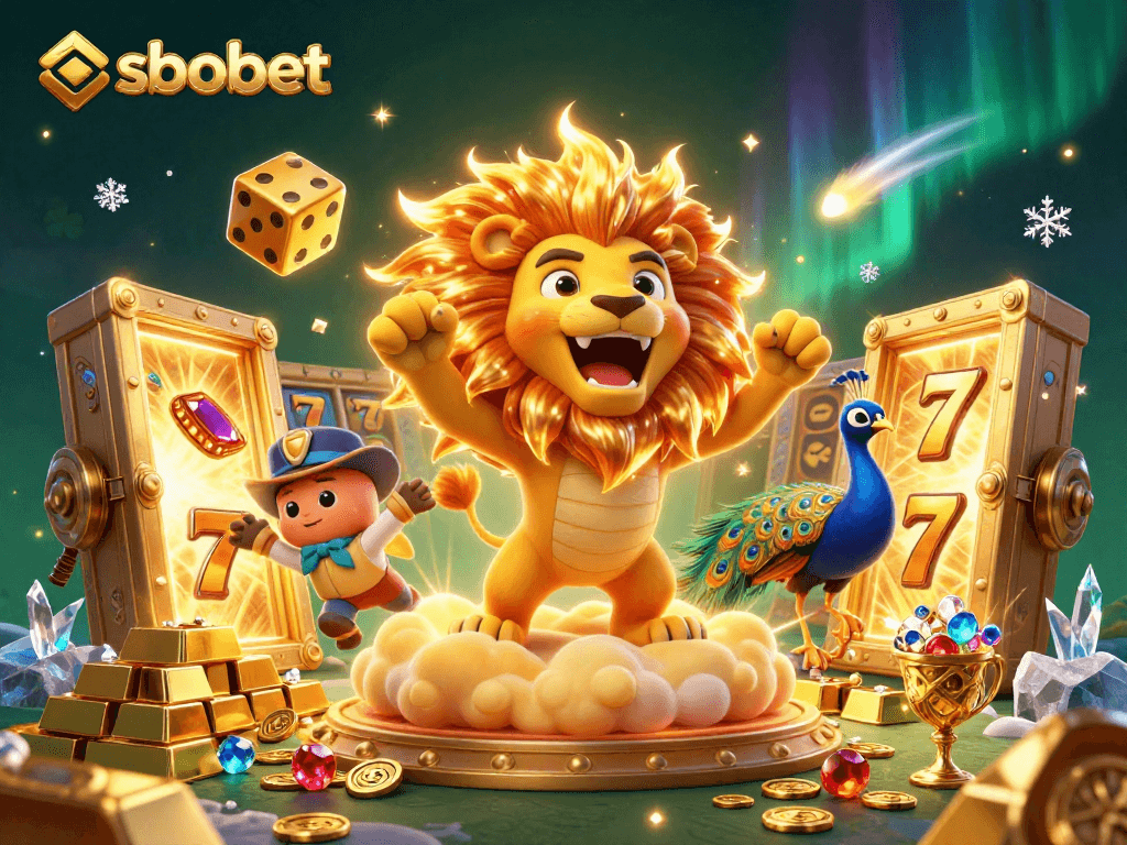 Experience thrilling sbobet action with a dynamic 3D casino scene filled with golden treasures and vibrant elements.