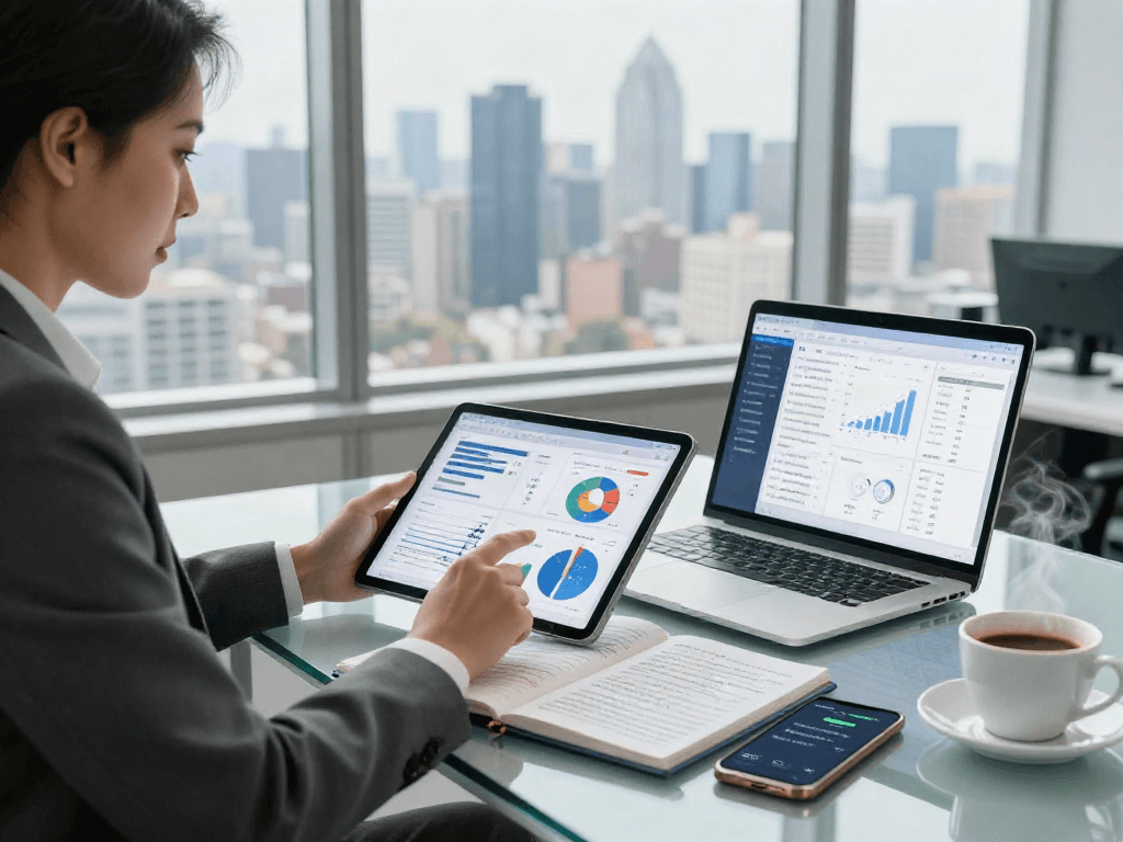 Financial expert analyzing data on a tablet to deposit 10k, modern office with city skyline view, engaged in strategic planning.