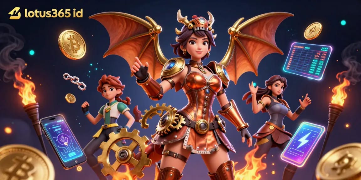 Engage with lotus365 id, featuring a 3D woman and a clockwork dragon amidst high-stakes gaming elements.