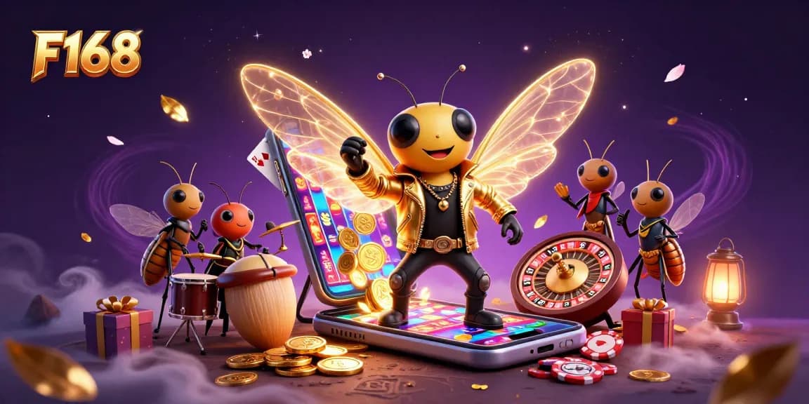 Experience the excitement of F168 with a vibrant illustration of a rock star cicada and a beetle drummer among gaming elements.