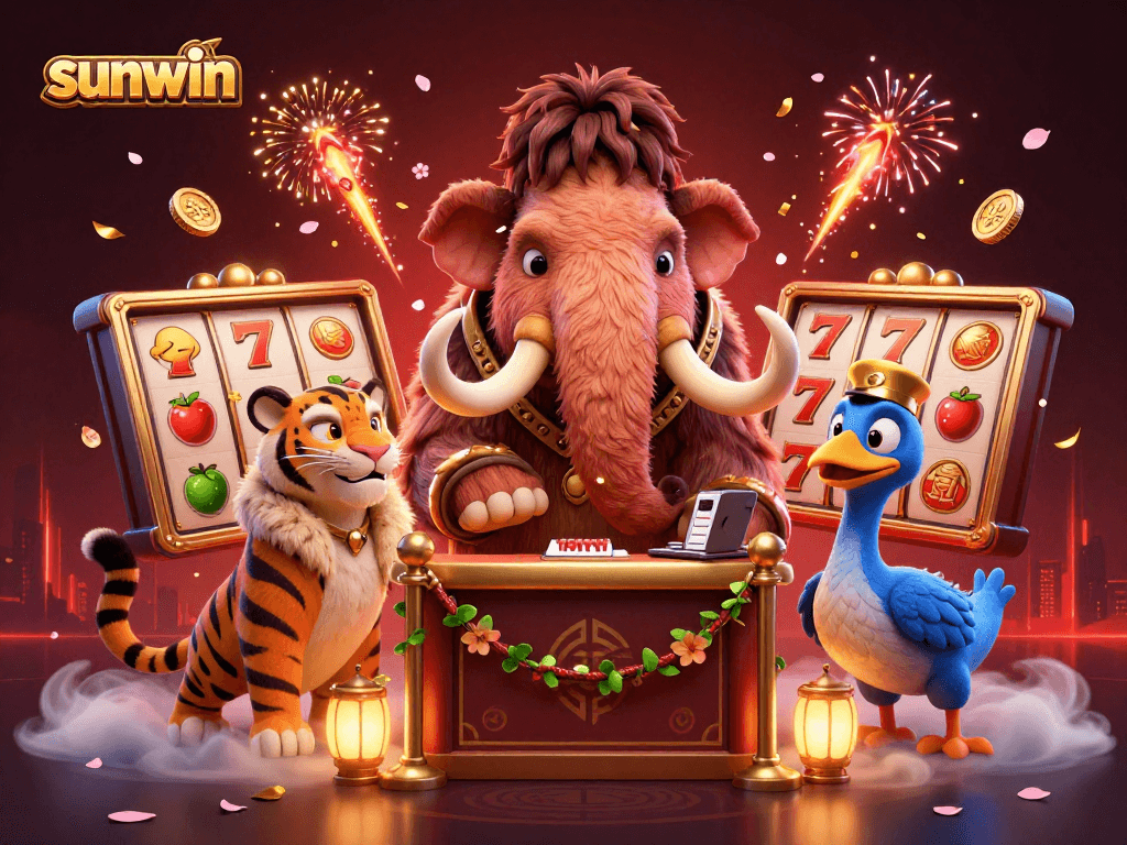Experience thrilling wins at sunwin with a 3D bouncer checking IDs, vibrant slot reels, and festive fireworks.