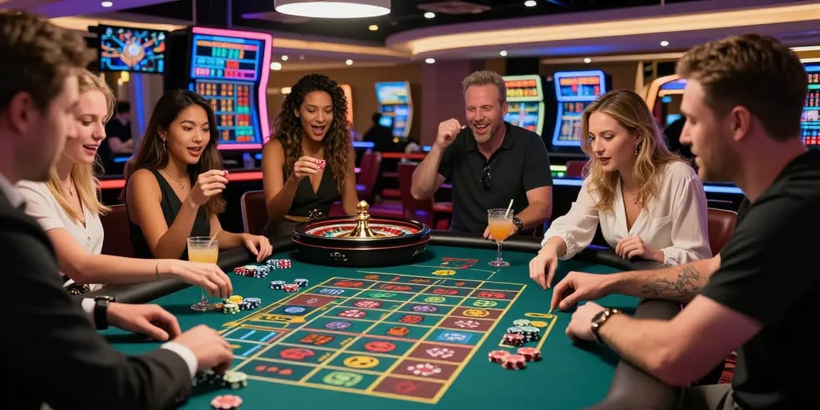 Suasana kasino dengan pemain terjun4D menikmati permainan roulette dan suasana meriah.