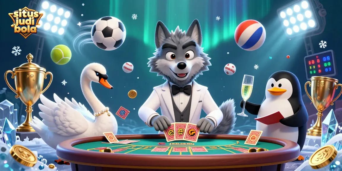 Sit down and bet on situs judi bola with a suave wolf, elegant swan, and penguin presenting champagne.