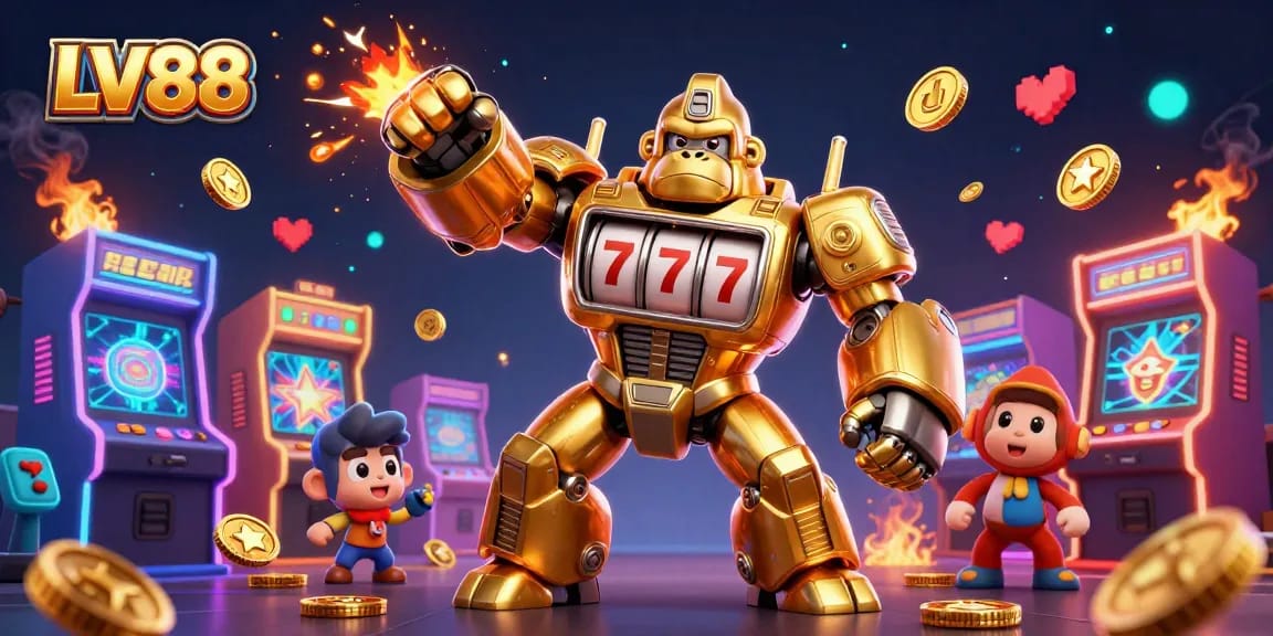 Experience thrilling gaming action at LV88 with an explosive golden gorilla mech surrounded by vibrant arcade elements.