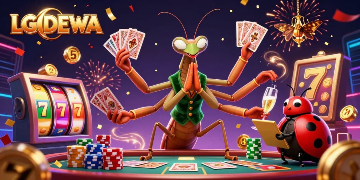 Experience the lively casino atmosphere with LGODEWA's giant praying mantis dealer and ladybug pit boss amid dynamic slot reels.
