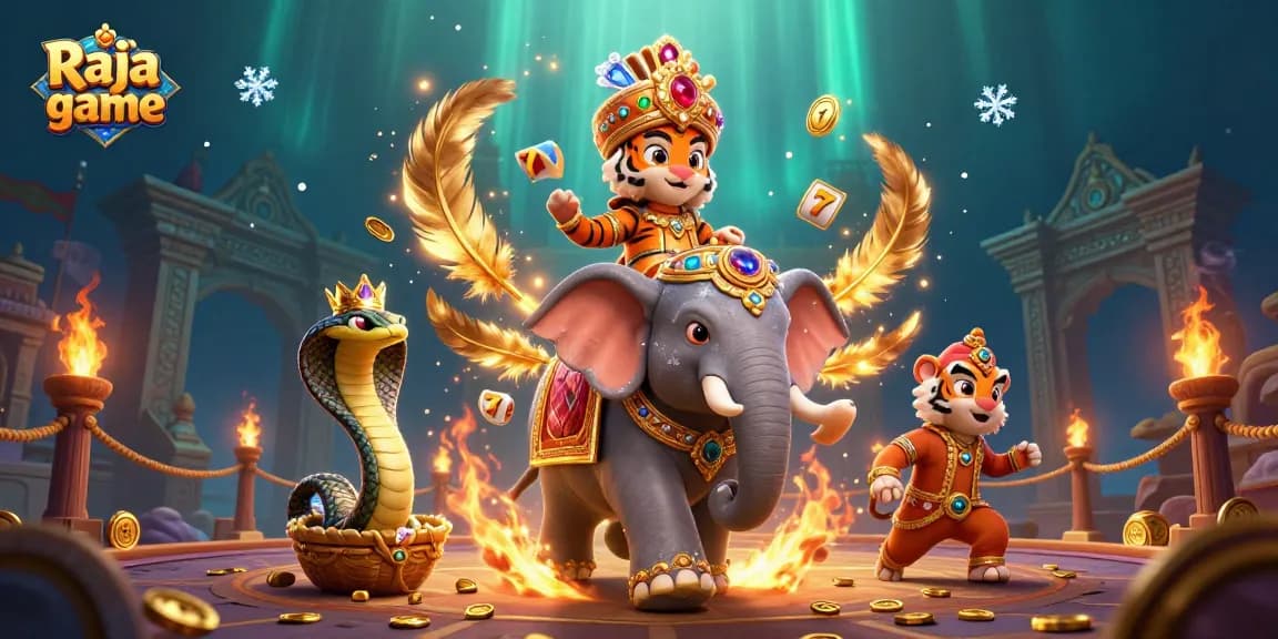 Experience the thrill of Raja game with an elephant, maharaja, and cobra in a vibrant casino scene.