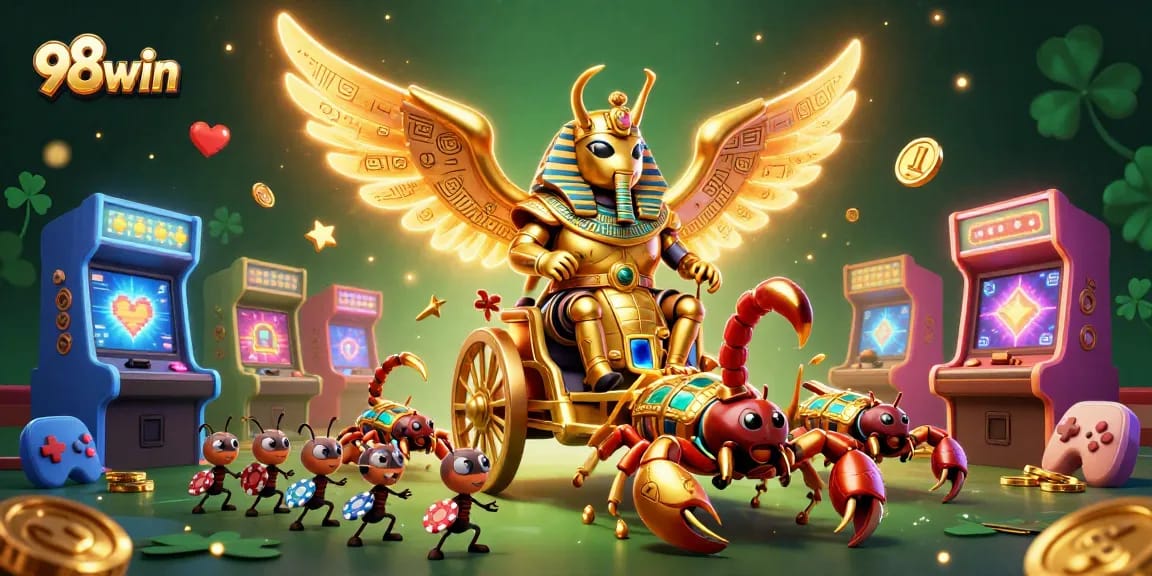 Engage in thrilling games at 98win, where a golden scarab beetle and scorpions bring excitement.