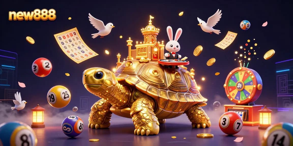 Win big with new888 in a vibrant casino scene featuring a tortoise palace and golden coins!
