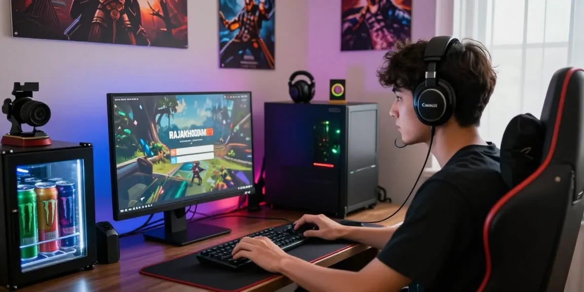 Engaged user at rajakhodam89 login screen in vibrant gaming setup.