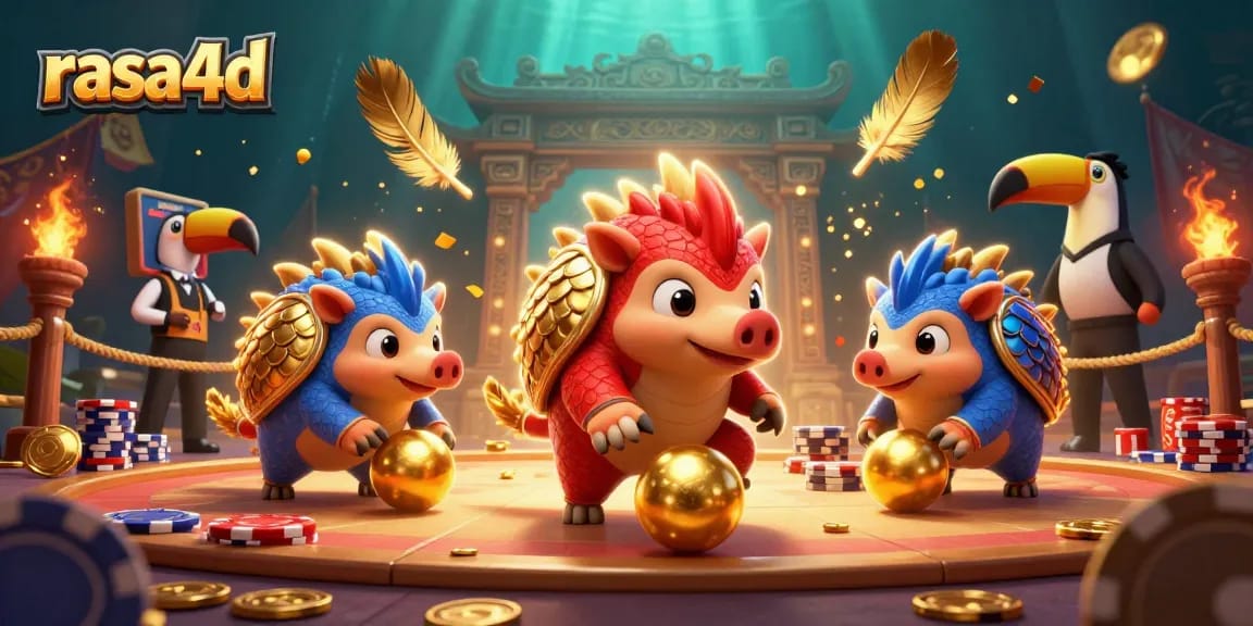 Rasa4d mengadu pangolin bersaing dalam permainan kasino dengan simbol poker dan koin emas.