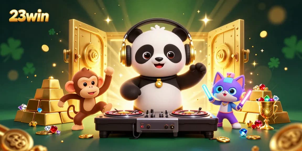 Experience the excitement of 23win with a vibrant casino scene featuring a DJ panda and dancing characters.