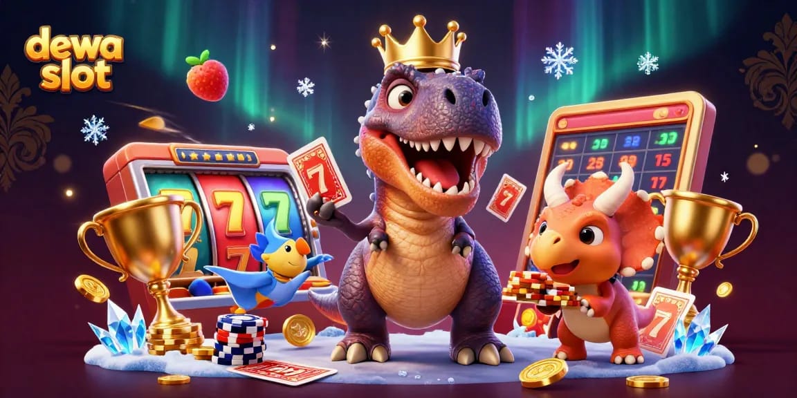 Engage in exciting gameplay at dewa slot with T-Rex shuffling cards as fun elements surround