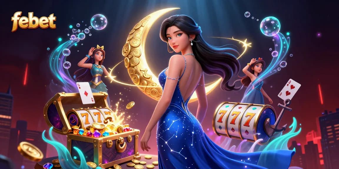 Engage with febet casino games and slots, featuring a glamorous Asian woman surrounded by dynamic casino elements.