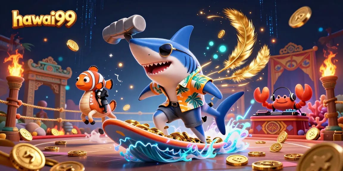 Surf with hawai99's cartoon shark and clownfish in a vibrant underwater casino scene.