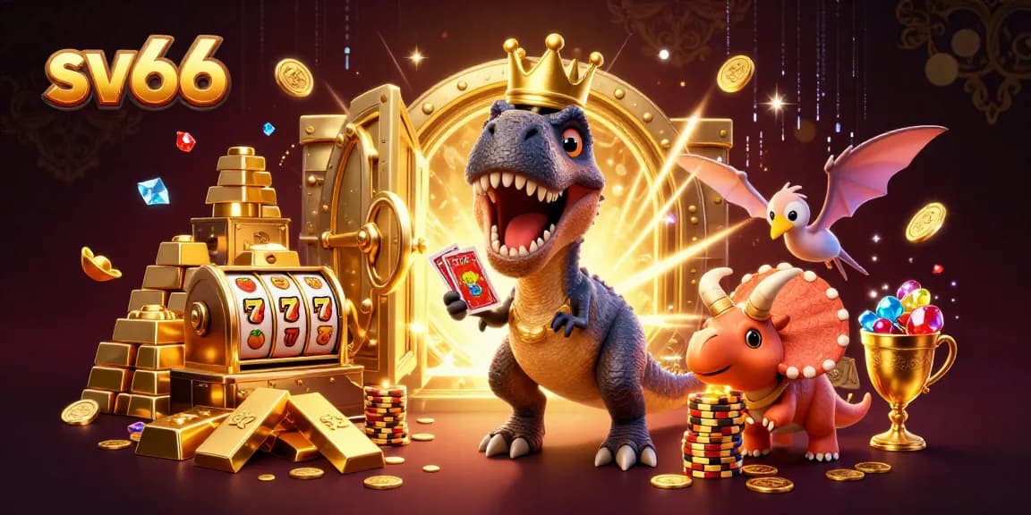 Experience thrilling gameplay at sv66 with a T-Rex shuffling cards among sparkling treasures.